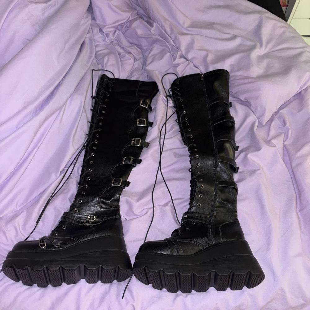 Black Platform Combat Moto Boots